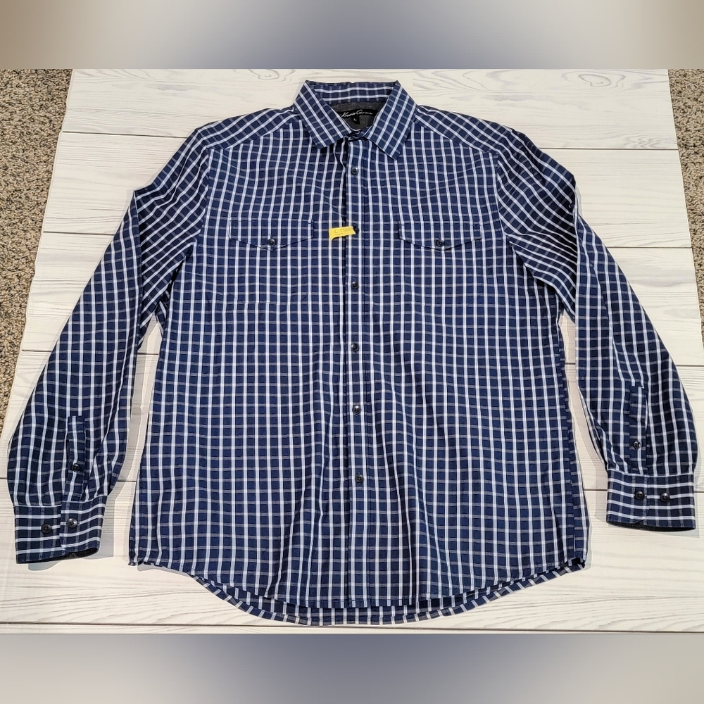 Kenneth Cole New York Navy Checkered Button Down Long Sleeve Shirt Sz L